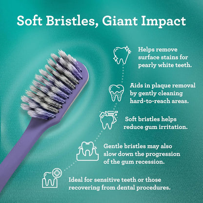 GuruNanda Gentle Giant Toothbrush with Dual Action Flossing Spiral Bristles, Non-Slip Ergo Dexa Grip, Helps in Teeth Whitening, BPA Free Manual Toothbrushes, Assorted Colors, 4 Count