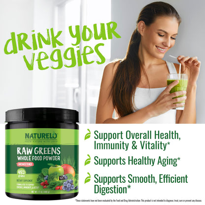 NATURELO Raw Greens Superfood Powder 480 Grams, Mixed Berry - Supports Energy, Immunity and Detox - Includes Spirulina, Wheat Grass and Organic Greens for Whole Food Nutrition