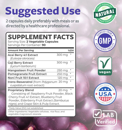 Super Antioxidants Supplement for Women & Men - High Potency Herbal & Fruit Blend with Acai, Goji, Pomegranate, Elderberry & Resveratrol for Skin Care & Immune Support - Vegan & Non-GMO - 60 Capsules