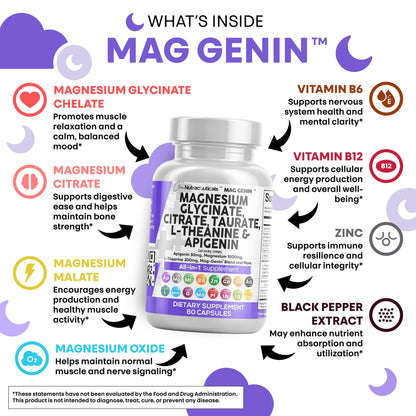 Clean Nutraceuticals Magnesium Glycinate Complex 1000mg with L-Theanine 200mg Apigenin 50mg Citrate Taurate Supplement - 5-HTP GABA Passion Flower Lemon Balm L-Glycine Phosphatidylserine - 60 Count