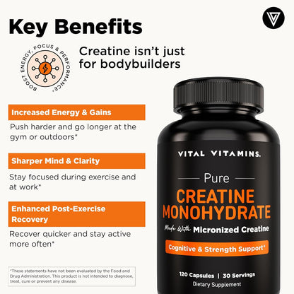 Vital Vitamins Creatine Monohydrate Pills, 3g for Women & Men | Supports Muscle Health, Energy & Cognitive Clarity, Micronized, Easy to Swallow, Non-GMO, 120 Capsules