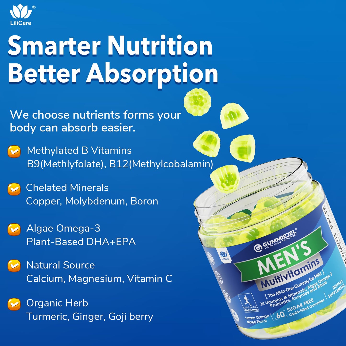 Mens Multivitamins Gummies, Methylated Multivitamin for Men, B Complex, Minerals, Vegan Omega 3, Probiotic, Enzyme, Antioxidants for Men's Complete Daily Support, Sugar Free, Vegan (No Iron) 60 Counts