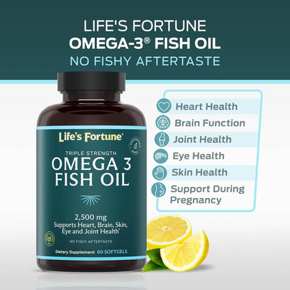 Life's Fortune Fish Oil Omega 3 Concentrate Supplement 2500 mg, 120 Softgels, High Potency, EPA & DHA Fatty Acid - Heart, Brain, Skin, Joints - Non GMO