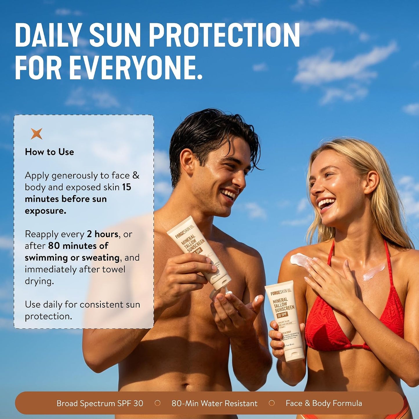 Forge Skin Mineral Sunscreen SPF 30, Non-Nano Zinc, Tallow-Based, 2.7 oz | Broad spectrum SPF 30, non-nano zinc oxide, grass-fed tallow base, no white cast, water resistant 80 min, oxybenzone-free