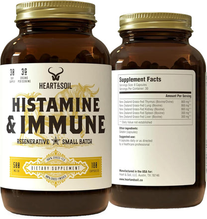HEART & SOIL Histamine & Immune Support, 180 Capsules | 100% grass fed & finished from regenerative cattle with thymus, lung, spleen, liver & kidney. Immune defense.