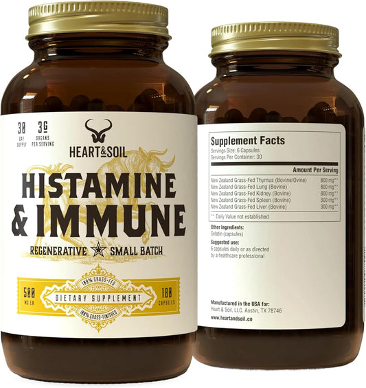 HEART & SOIL Histamine & Immune Support, 180 Capsules | 100% grass fed & finished from regenerative cattle with thymus, lung, spleen, liver & kidney. Immune defense.