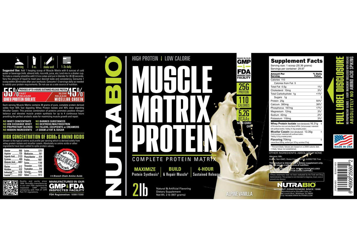 NutraBio Muscle Matrix Protein Powder - 25g of Protein Per Scoop - Whey Isolate