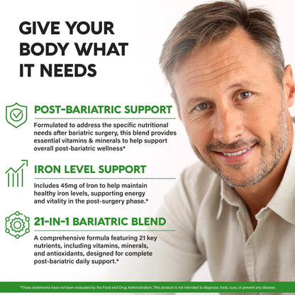 Bariatric Multivitamin - 45 mg Iron Supplements - Lab Tested - for Women & Men - All-in-One, 21 Essential Vitamins - Gastric Sleeve Support - Free of Sugar, Gluten & Soy - 90 Capsules, Once Daily