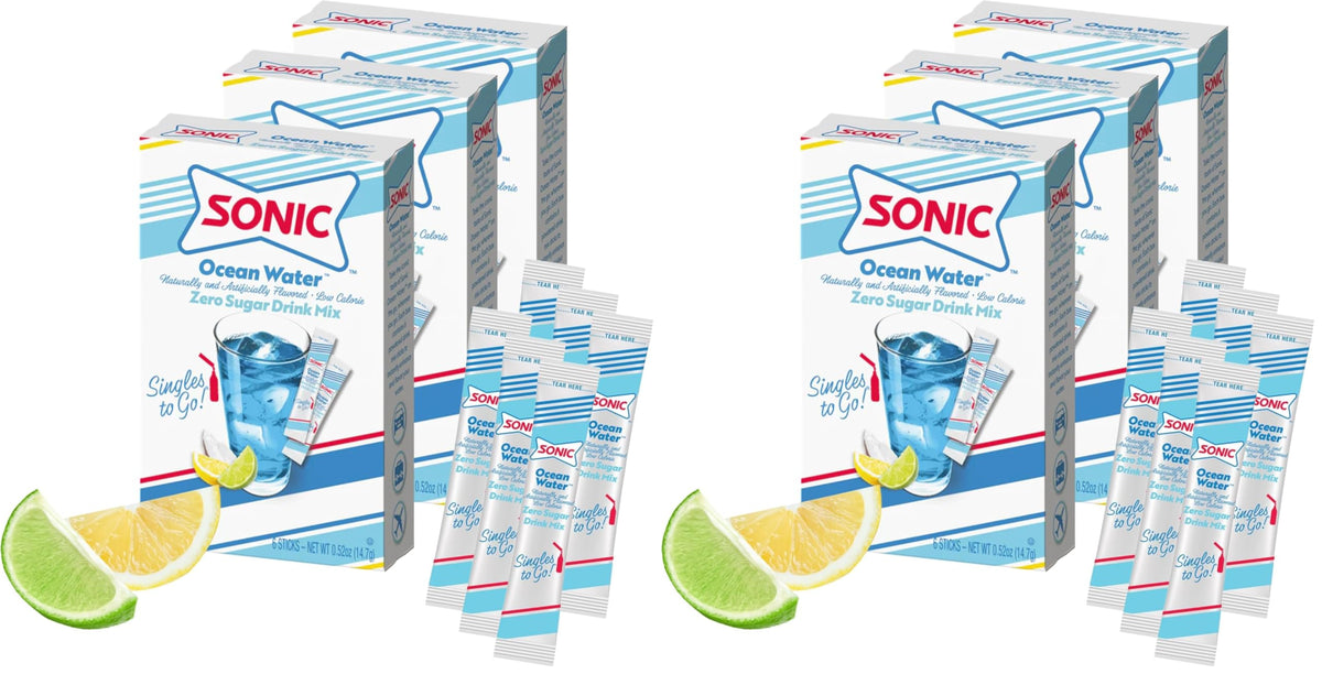 Sonic Singles to Go Powdered Drink Mix, Ocean Water, 6 Sticks per Box, 3 Boxes included (18 Sticks Total)
