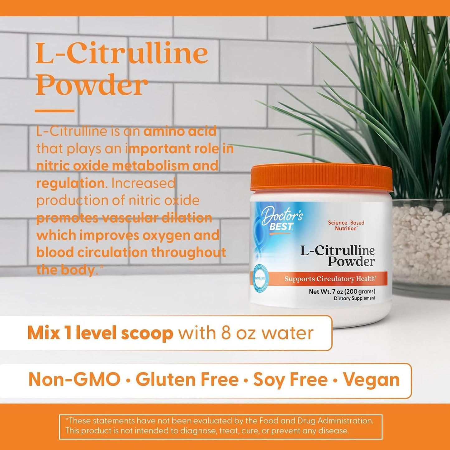 Doctors Best L-Citrulline Powder - L Citrulline Supplement for Men & Women, Nitric Oxide Metabolism Support, Helps Muscle Soreness, Circulatory Health & Energy Support, Unflavored, Gluten Free - 7 oz