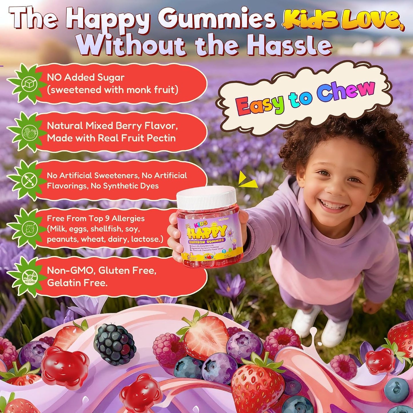 Happy Saffron Gummies for Kids Teen, Organic Saffron + Magnesium Glycinate Supplement with Probiotics, L-Theanine, Chamomile, D3, B6, B12 for Children's Focus & Mood, Calm, Sleep, Sugar Free, 120 Cts