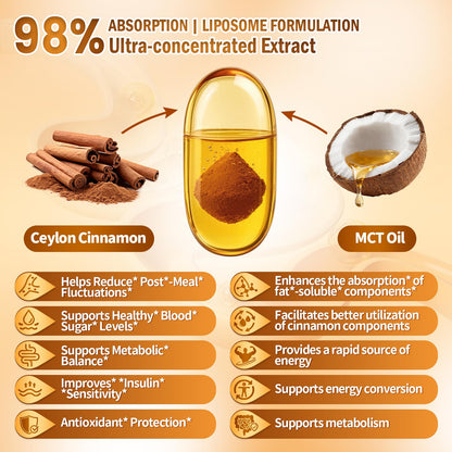 2-in-1 Organic Ceylon Cinnamon with MCT Oil Supplements Softgels, 120 Day Supply, Authentic Sri Lankan Source, Liposome Highly Bioavailable Extract, Energy & Metabolism Support, Large Granule Softgels