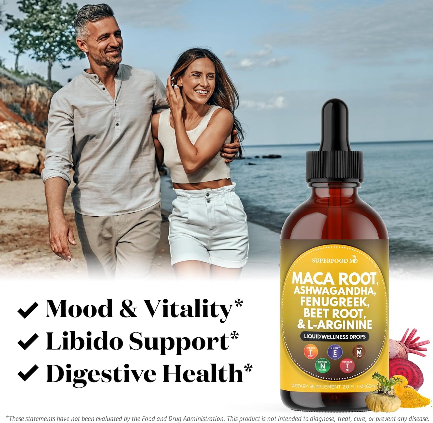 Superfood MD Maca Root Liquid Drops with Ashwagandha, Nettle, Fenugreek, Beet Root and L-Arginine Liquid Multivitamin for Women and Men - 8 Oz