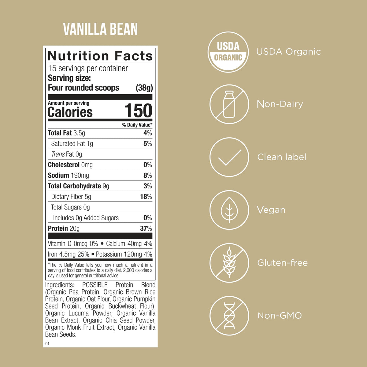 Possible Protein Powder Vanilla Bean - 20g of Vegan, Plant-Based Protein Mix - Non-GMO