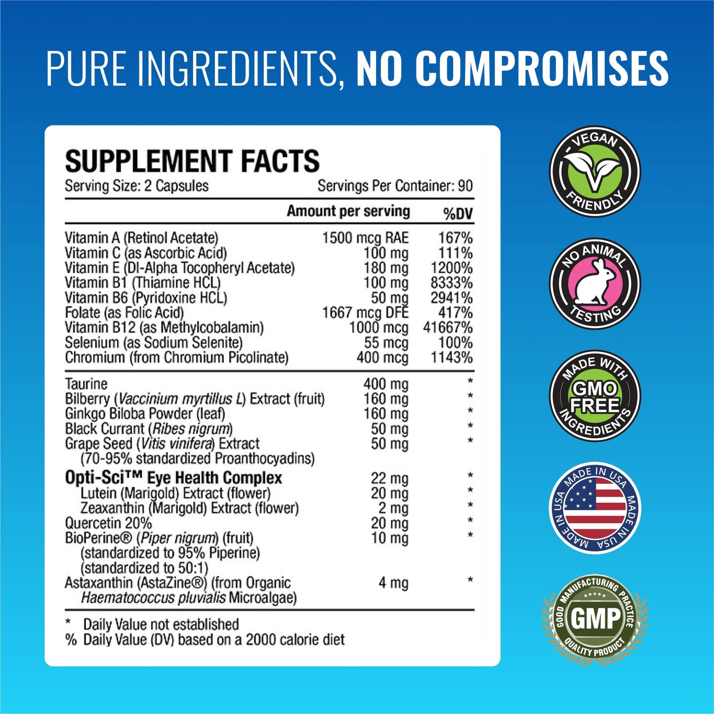 Approved Science EyeSyl - Eye Support Supplement - Chromium Picolinate, Taurine, Lutein, Zeaxanthin, Bilberry, BioPerine - 1 Month Supply - 60 Capsules - Made in The USA