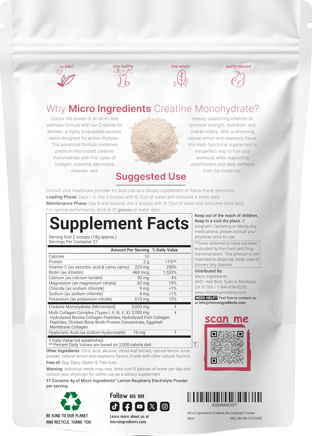 Micro Ingredients Creatine + Electrolytes + Multi Collagen for Women | 5,000mg Micronized Creatine Monohydrate Powder Complex | Creatine Hydration Drink Mix | Lemon Raspberry | Sugar-Free, Non-GMO