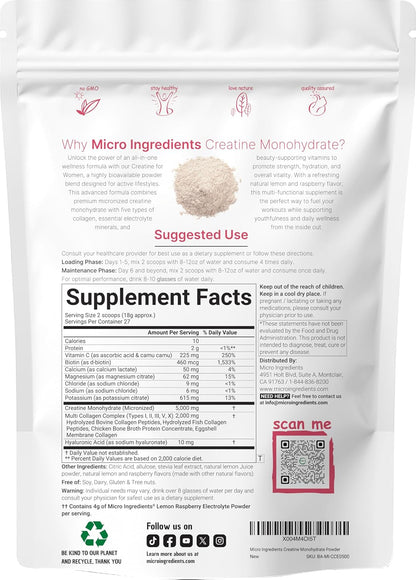 Micro Ingredients Creatine + Electrolytes + Multi Collagen for Women | 5,000mg Micronized Creatine Monohydrate Powder Complex | Creatine Hydration Drink Mix | Lemon Raspberry | Sugar-Free, Non-GMO