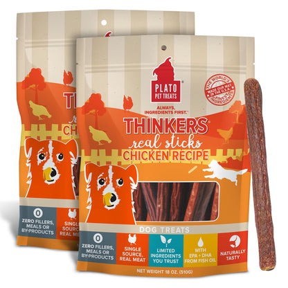 Plato Pet Treats Thinkers - Meat Stick Treats for Dogs - Limited Ingredient with EPA and DHA to Support Skin, Coat, and Brain - Air-Dried - Thinkers Salmon 10oz - 2 Pack
