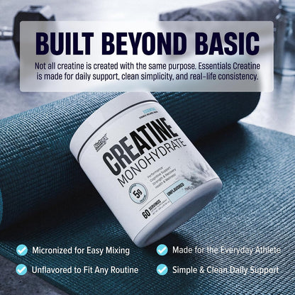 Nutrex Research Essentials Creatine Monohydrate Powder, 5g Micronized Creatine per Scoop, Unflavored, 60 Servings, Gluten Free, Supports Strength, Recovery, and Cognitive Function