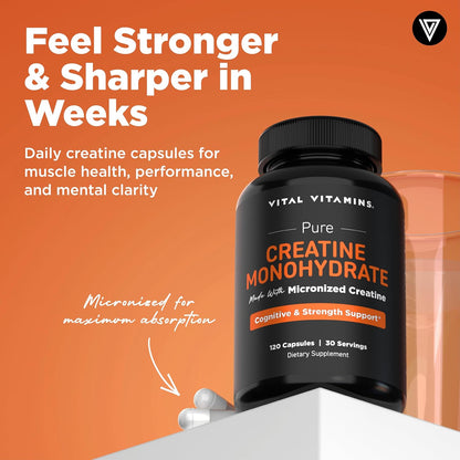 Vital Vitamins Creatine Monohydrate Pills, 3g for Women & Men | Supports Muscle Health, Energy & Cognitive Clarity, Micronized, Easy to Swallow, Non-GMO, 120 Capsules