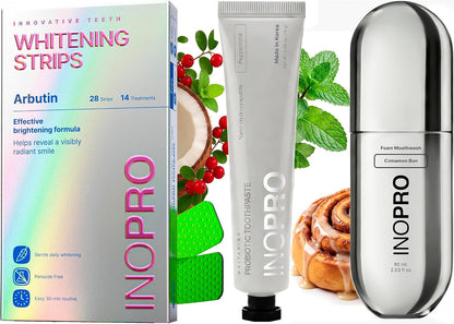 InoPro Teeth Whitening Strips 14 Treatments Kit + Cinnamon Bun Nano-Hydroxyapatite Whitening Toothpaste with Probiotic + Yuzu Citrus Foam Mouthwash with Nano-Hydroxyapatite, Xylitol, Hyaluronic Acid