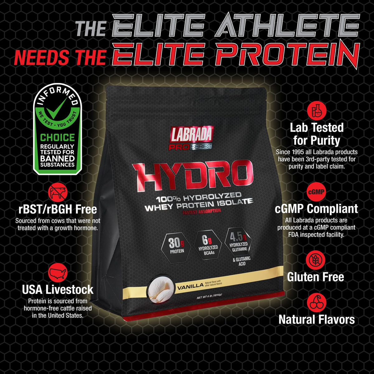 Labrada Hydro 100% Pure Hydrolyzed Whey Protein Isolate Powder, Lactose Free