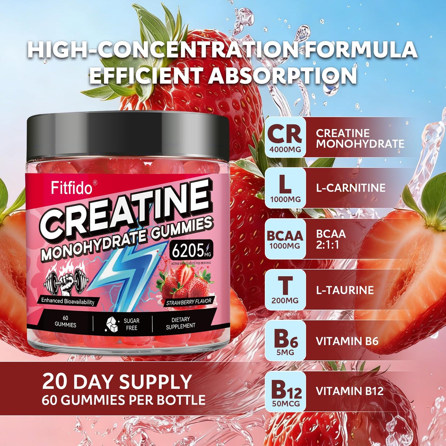 Creatine Monohydrate Gummies with L-Carnitine, 60 Count | Creatine Monohydrate, Gym & Training, Muscle Performance Support, L-Carnitine, Taurine, Sugar Free, Vegan