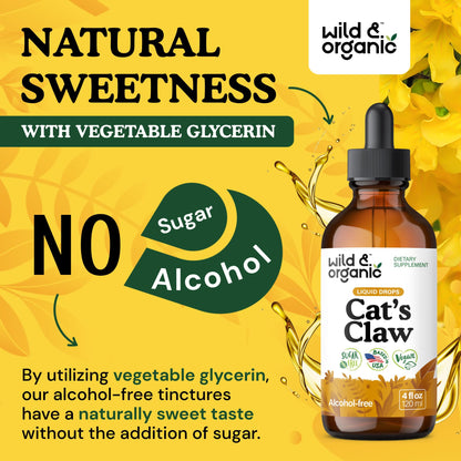 Wild & Organic Cats Claw Herb Supplement - Immune Support - Pure Cats Claw Tincture - Add to Tea Liquid Drops - Uncaria Tomentosa Bark - Vegan, Sugar & Alcohol-Free - 4 fl oz