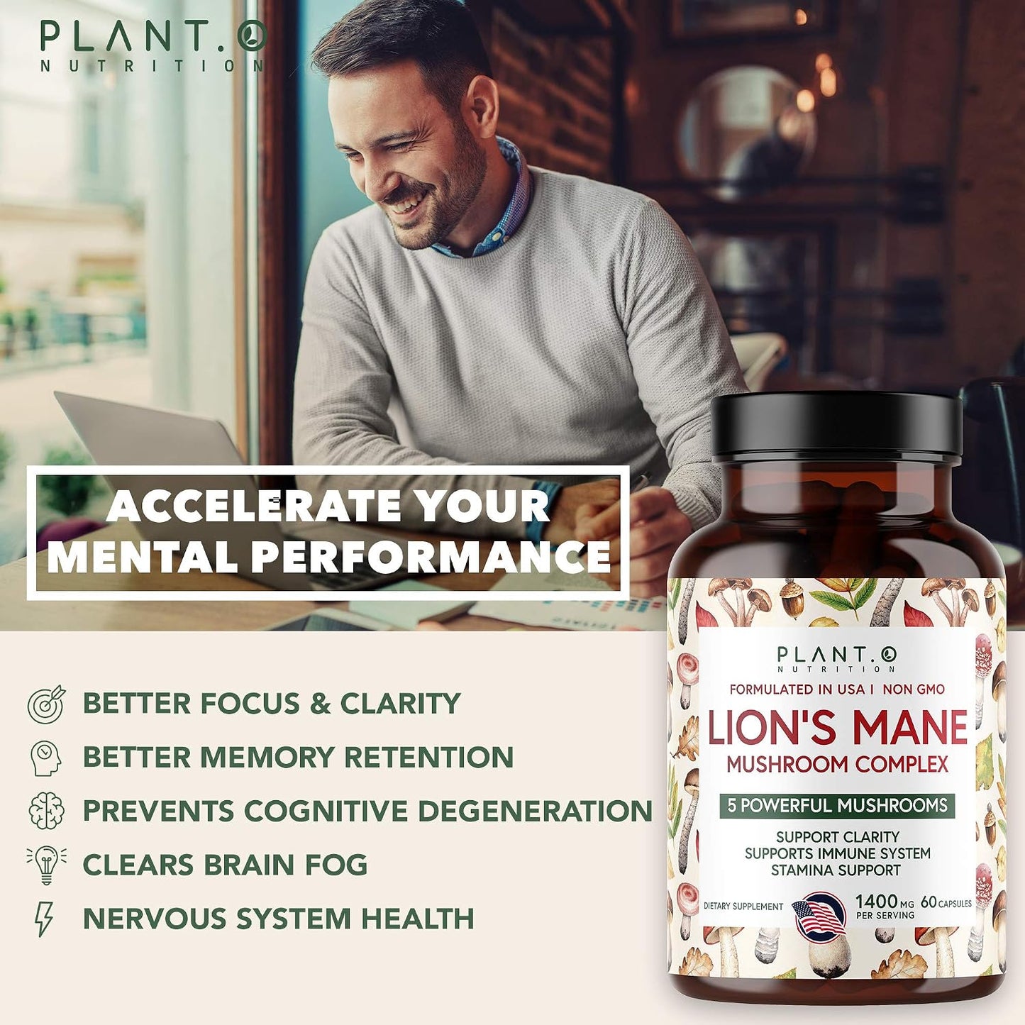 Plant.O Premium Lion's Mane Supplement, All Natural Nootropics Brain Supplement, 5 Mushroom Complex – Lion’s Mane, Reishi, Chaga, Maitake, Shiitake for Immunity, Focus, Mood & Memory Boost, 90 Caps