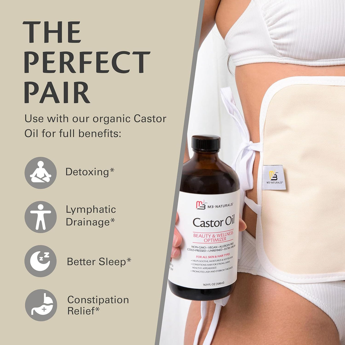Organic Cotton Castor Oil Wrap - Reusable, Adjustable, Detox Pack by M3