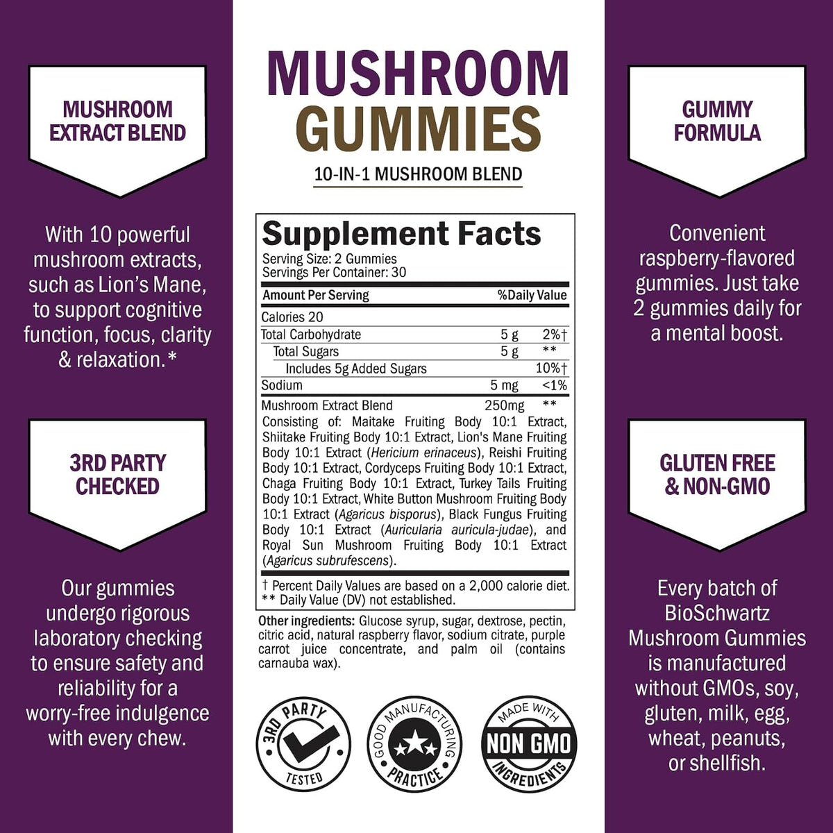 Mushroom Gummies for Adults - 10-in-1 Functional Mushroom Supplement for Mood and Focus with Lions Mane Turkey Tail Cordyceps Shiitake Reishi - Vegan, Non-GMO, Fresh Raspberry Flavor, 60 Count