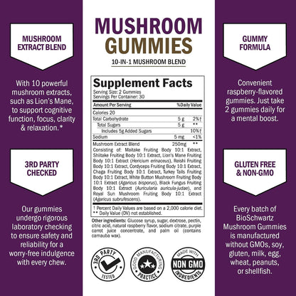 Mushroom Gummies for Adults - 10-in-1 Functional Mushroom Supplement for Mood and Focus with Lions Mane Turkey Tail Cordyceps Shiitake Reishi - Vegan, Non-GMO, Fresh Raspberry Flavor, 60 Count