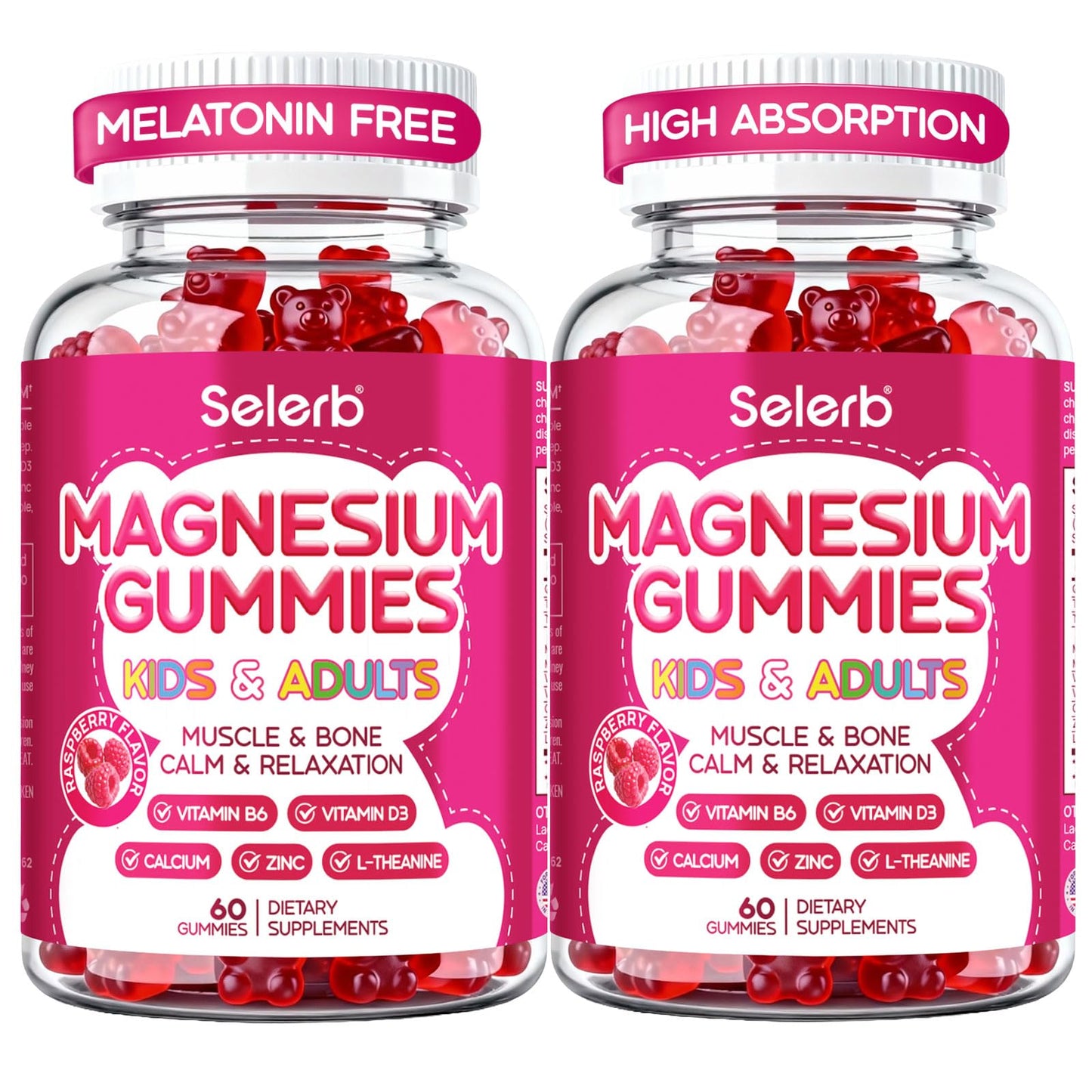 Magnesium Glycinate Gummies for Kids & Adults Melatonin Free Calm Magnesium Gummies with Citrate, Malate, B6, D3, Calcium & L-Theanine for Sleep Relaxation, Bone & Muscle Magnesium for Kids 2 Packs