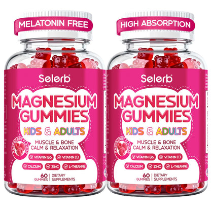 Magnesium Glycinate Gummies for Kids & Adults Melatonin Free Calm Magnesium Gummies with Citrate, Malate, B6, D3, Calcium & L-Theanine for Sleep Relaxation, Bone & Muscle Magnesium for Kids 2 Packs
