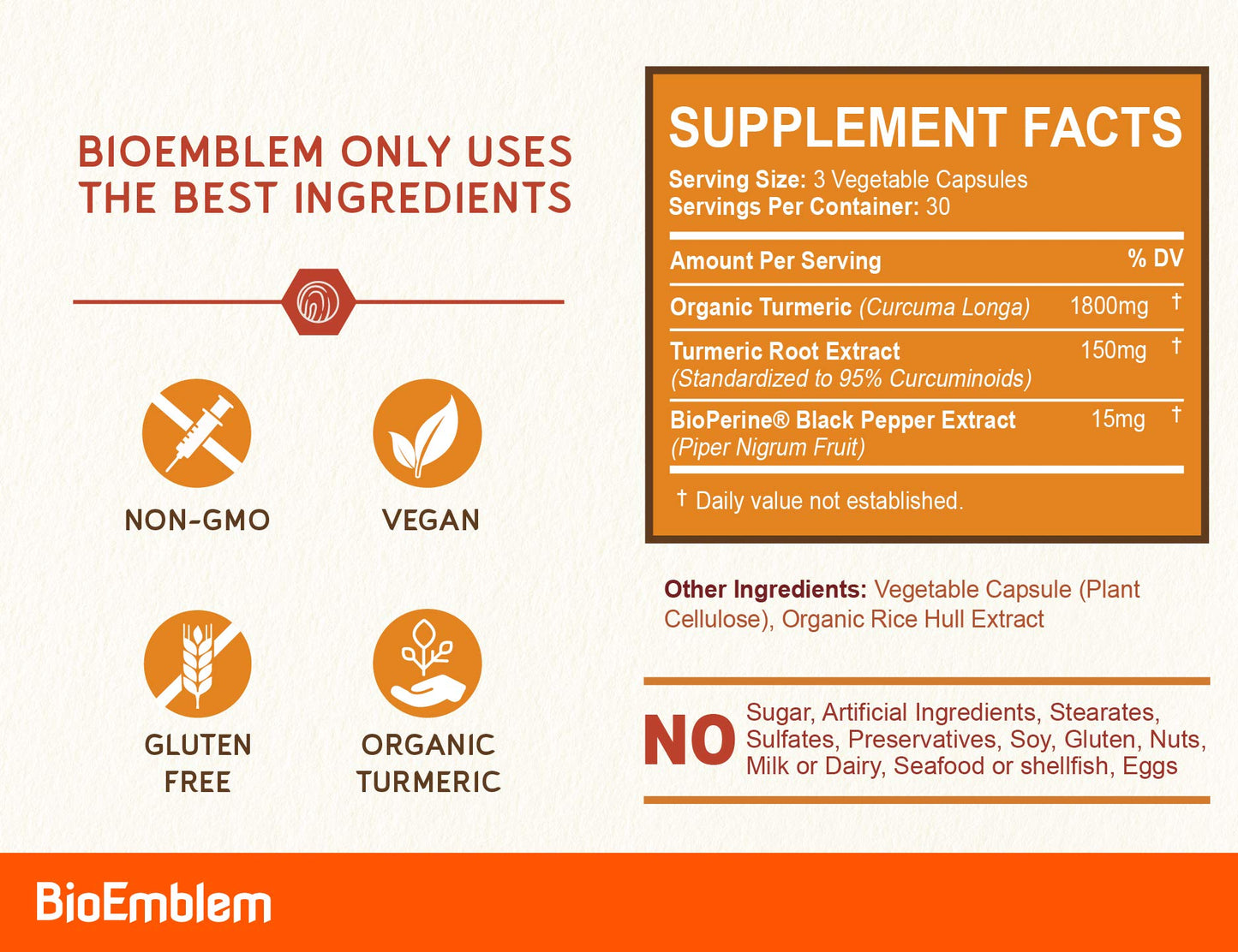 BioEmblem Turmeric Curcumin Supplement with BioPerine | Joint Support & Heart Health | with Organic Turmeric Powder & 95% Curcuminoids Extract | California Made, Non-GMO, 30-Day Supply