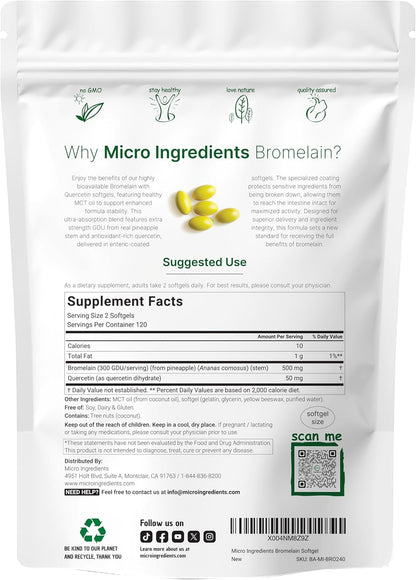 Bromelain 500mg with Quercetin & MCT Oil, 240 Enteric Coated Softgels | Ultra Absorption Bromelain Supplement | Natural Digestive Enzymes for Digestion & Joint Health | Non-GMO, Gluten Free