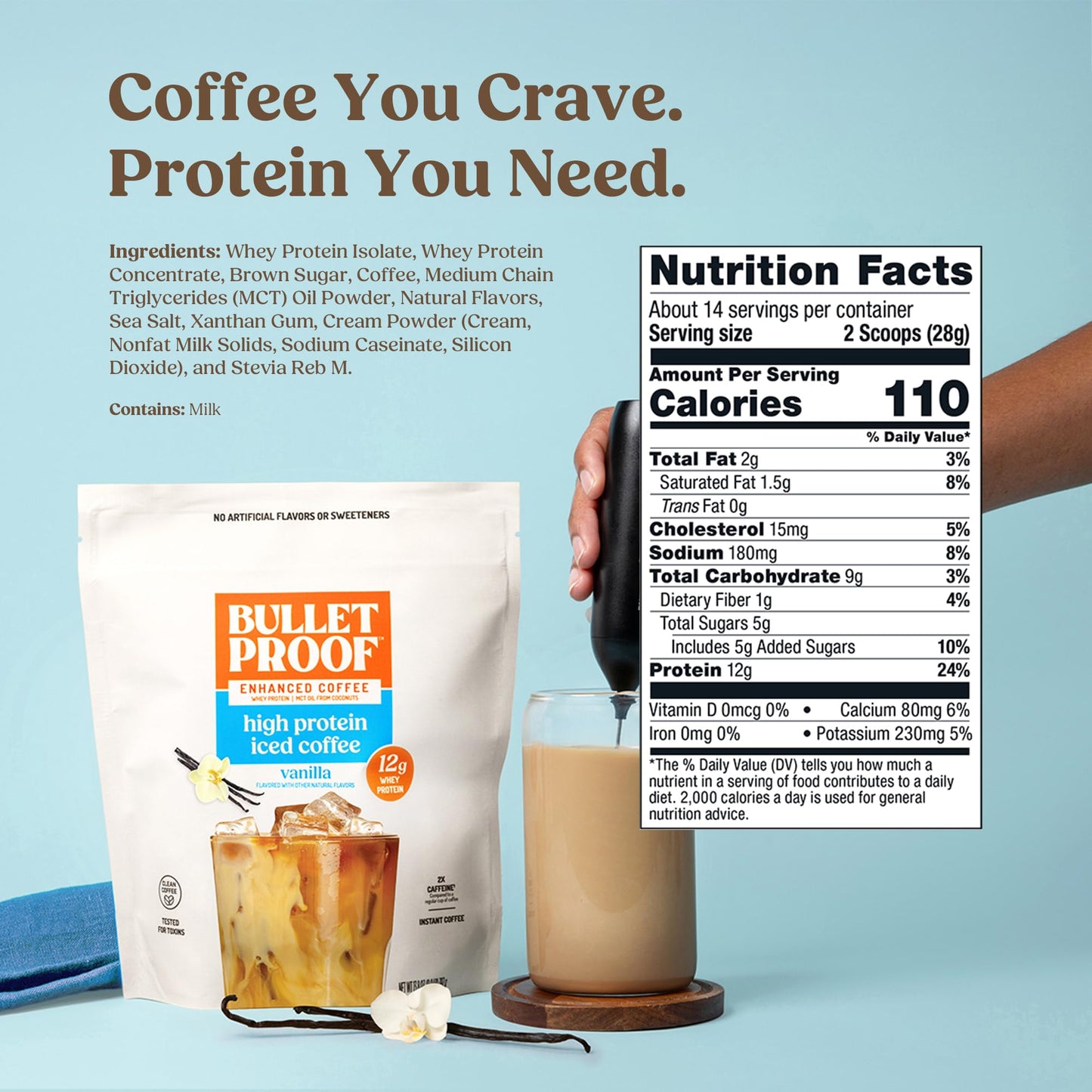 Bulletproof Iced Protein Coffee, Mocha, 12g Whey Protein + MCT Oil, 170mg Caffeine, Instant Coffee from Real Beans & Cocoa, Tested for Toxins, No Artificial Flavors & Sweeteners, 14 Servings