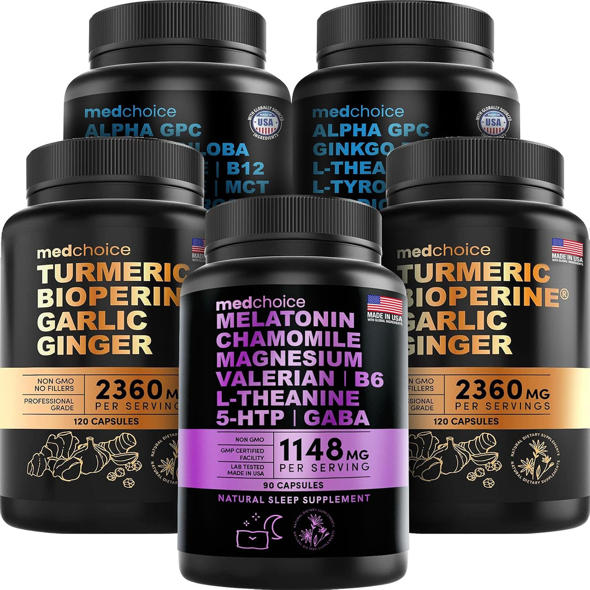MEDCHOICE Sleep Melatonin (90ct), Turmeric & Ginger (240ct), and Nootropic Brain (120ct) Supplement Bundle - Wellness Trio for Brain, Sleep, & Immune Support - Vegan, Non-GMO, Gluten-Free