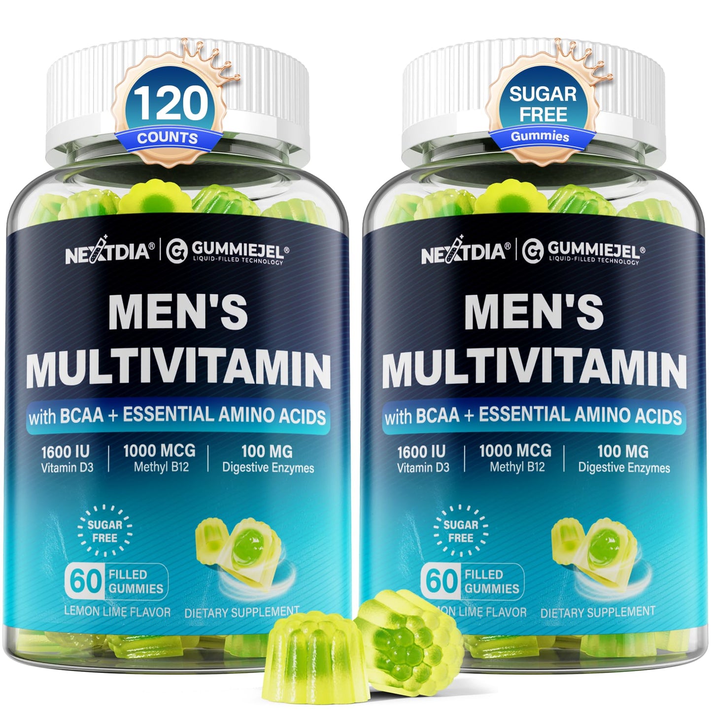 Methylated Multivitamin for Men Gummies, BCAA Amino Acids, Zinc, Daily Vitamin A C D3 E K2 B Complex, Calcium, Magnesium, Lycopene, Digestive Enzymes - Energy, Immune, Muscle- Sugar Free, Vegan, 60Cts