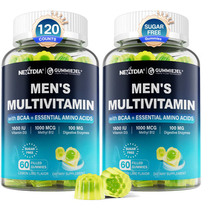 Methylated Multivitamin for Men Gummies, BCAA Amino Acids, Zinc, Daily Vitamin A C D3 E K2 B Complex, Calcium, Magnesium, Lycopene, Digestive Enzymes - Energy, Immune, Muscle- Sugar Free, Vegan, 60Cts