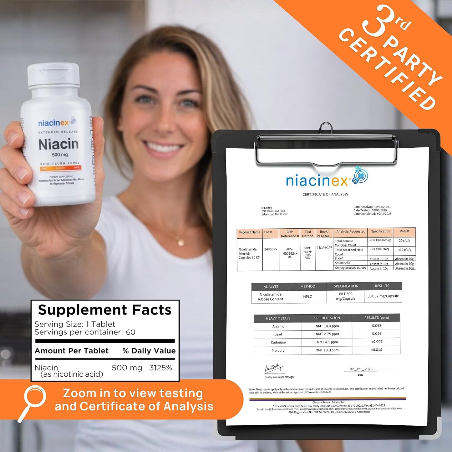 Niacin 500mg Extended Release, 60 Tablets - First-Time Niacin Starter Pack - Minimal to No-Flush Vitamin B3 (Nicotinic Acid), Heart Health Support, Vegan, cGMP, Made in USA