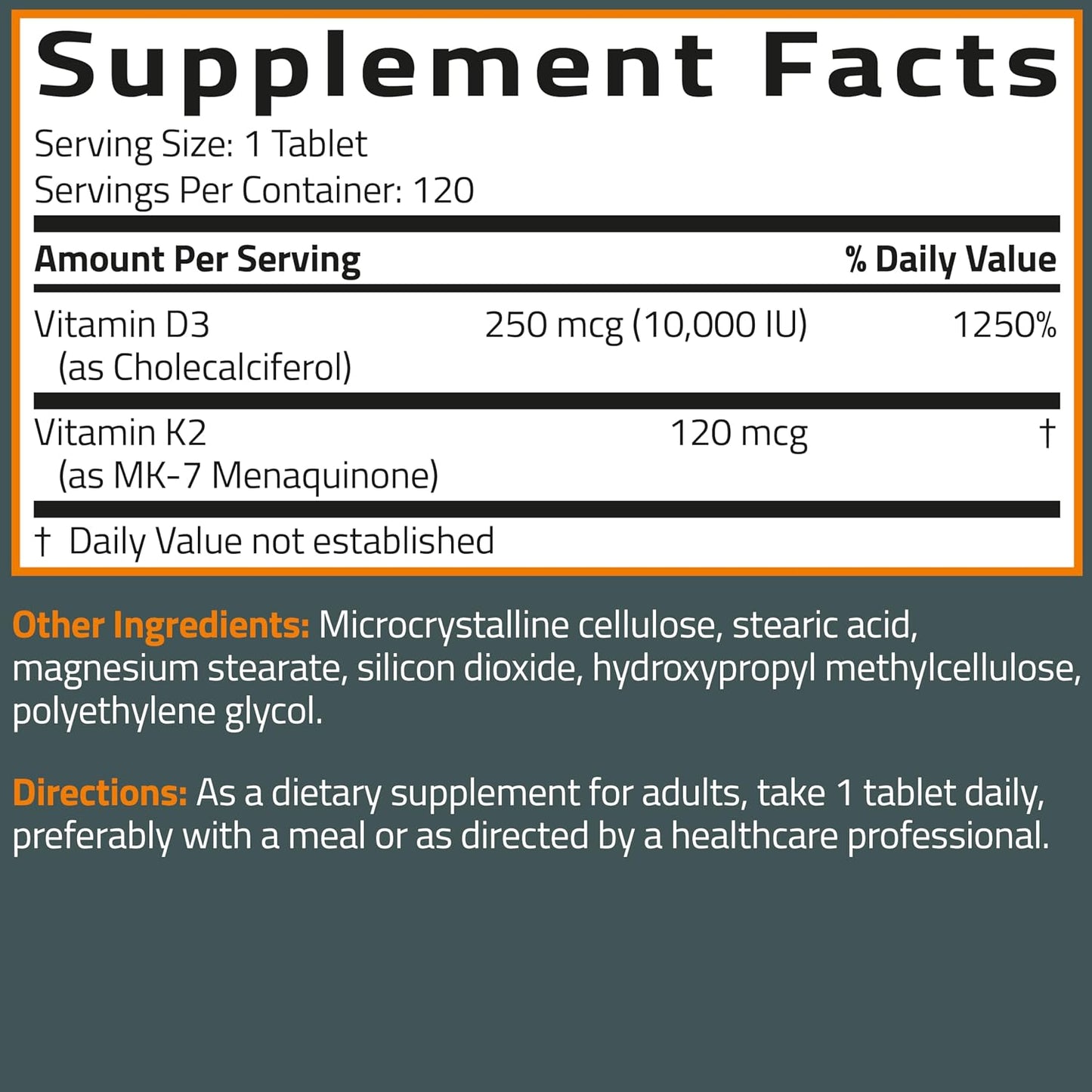 Bronson Vitamin K2 (MK7) with D3 Supplement Extra Strength 2 in 1 Support, 10,000 IU Vitamin D3 & 120 mcg K2 MK-7, 120 Tablets