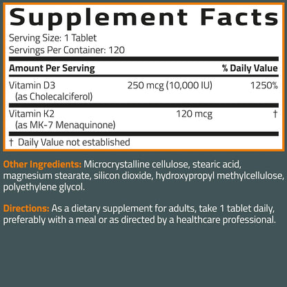 Bronson Vitamin K2 (MK7) with D3 Supplement Extra Strength 2 in 1 Support, 10,000 IU Vitamin D3 & 120 mcg K2 MK-7, 120 Tablets