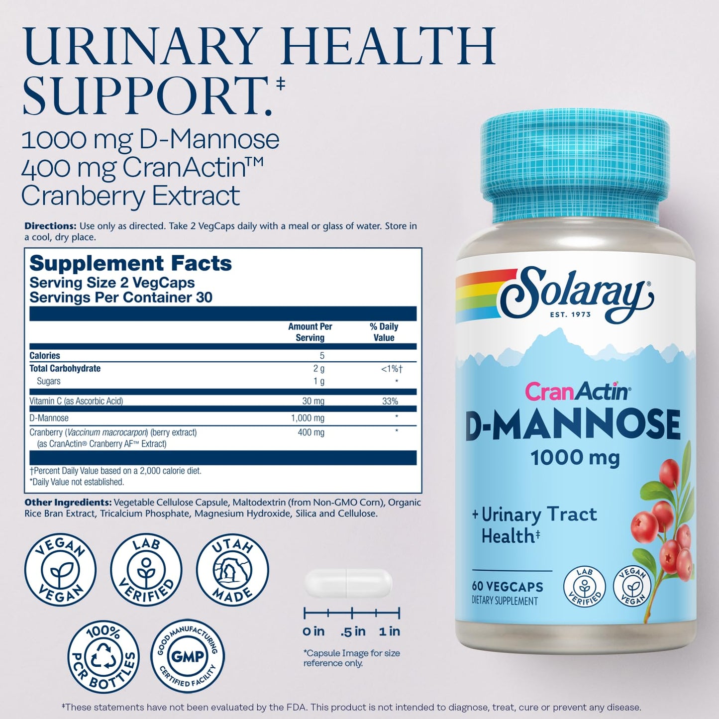 Solaray D-Mannose 1000mg with CranActin Cranberry Supplement 400mg, Urinary Tract Health & Bladder Support Capsules with Vitamin C, Vegan, 60 Day Guarantee, 75 Servings, 150 VegCaps