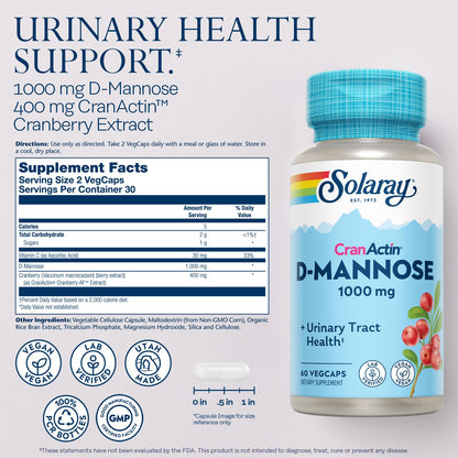 Solaray D-Mannose 1000mg with CranActin Cranberry Supplement 400mg, Urinary Tract Health & Bladder Support Capsules with Vitamin C, Vegan, 60 Day Guarantee, 75 Servings, 150 VegCaps