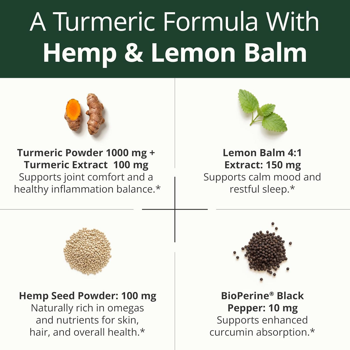 Turmeric Curcumin Supplement with Hemp Seeds & Lemon Balm Extract – 60 Caps