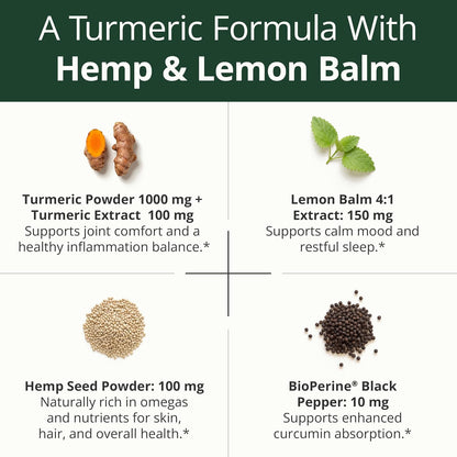 Turmeric Curcumin Supplement with Hemp Seeds & Lemon Balm Extract – 60 Caps