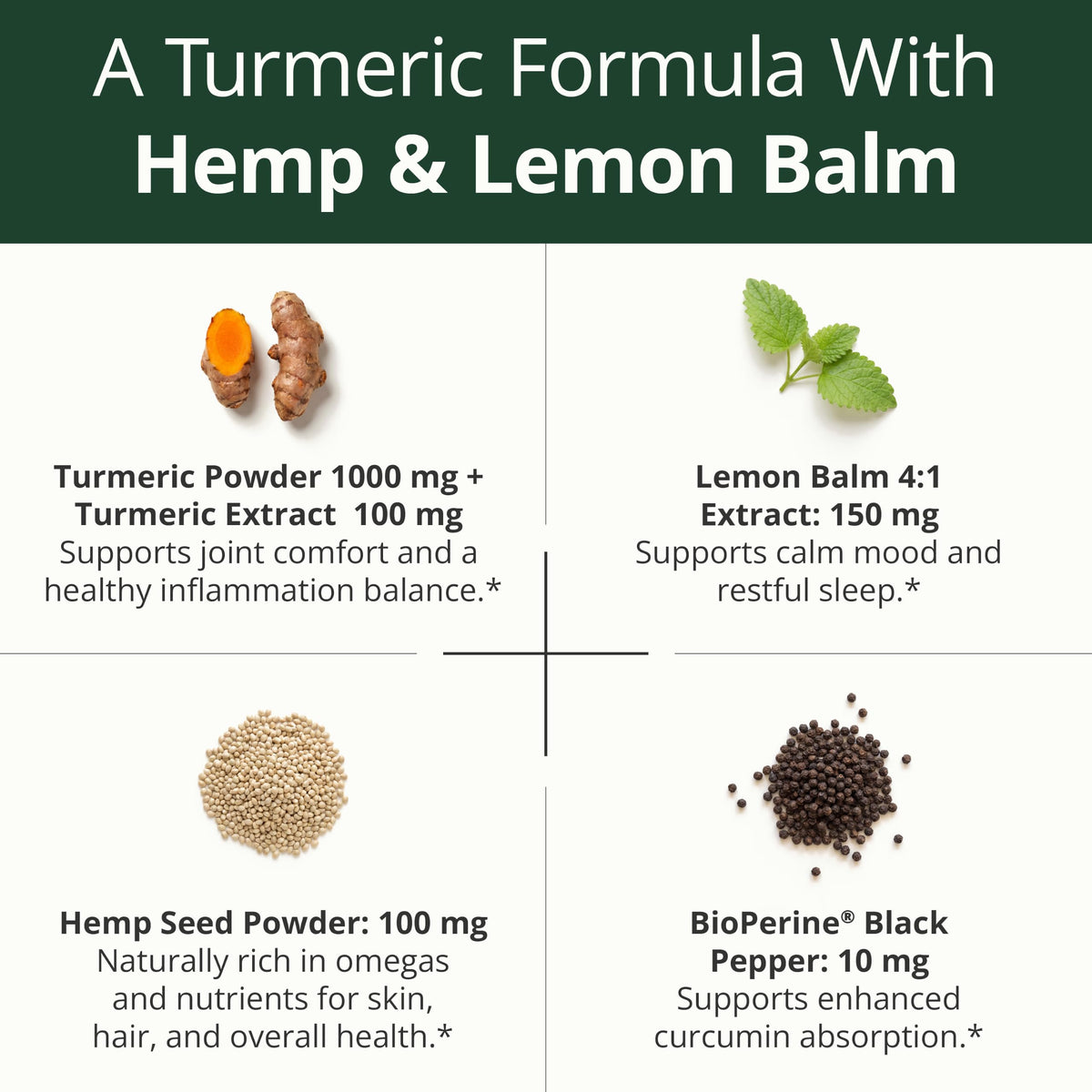 Turmeric Curcumin Supplement with Hemp Seeds & Lemon Balm Extract – 60 Caps