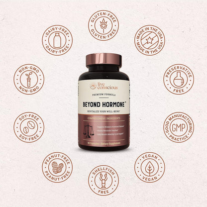 Live Conscious Beyond Hormone Daily Menopause & PMS Supplement - Metabolism Support & Healthy Estrogen Balance for Women - Berberine, DIM, Chaste Tree Berry, Maca Root, Myo & D-Chiro-Inositol - 90 Ct.