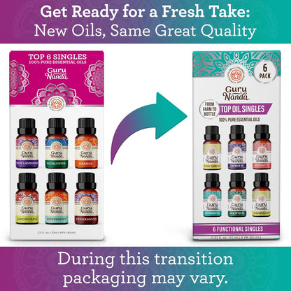 GuruNanda Essential Oils Set – 6 Pack (10mL Each), Lavender, Peppermint, Eucalyptus, Lemongrass, Grapefruit & Ylang Ylang, 100% Natural Aromatherapy Oils for Diffuser, Massage & DIY Candle Making